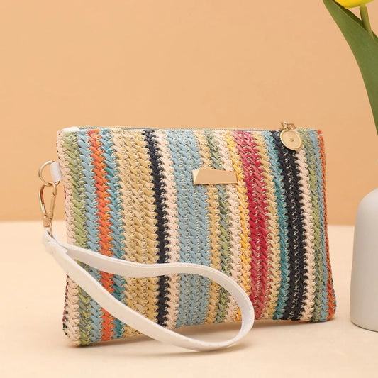 Colorful Rattan Knitting Beach Clutch | Fashion Straw Woven Wristlet Bag | Summer Vacation Money & Coin Purse | Versatile Rainbow Dinner Wallet Luxegan