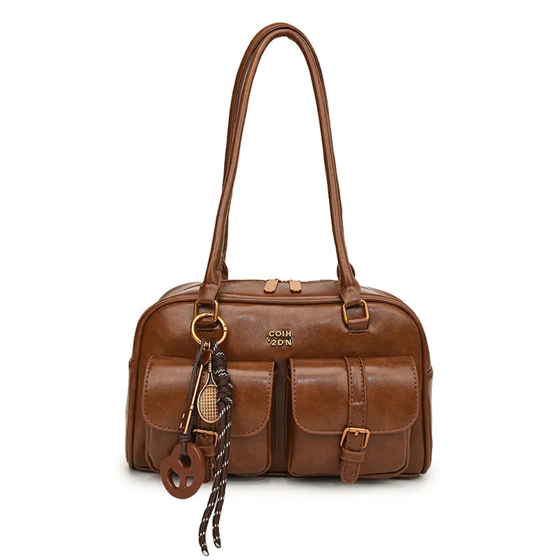 Women’s Coffee Brown Multi-Pocket Handbag | Stylish Versatile Letter Crossbody Purse | Vintage PU Leather Shoulder Bag with Sequined Detail | Large Capacity Daily Tote for Travel & Work Luxegan