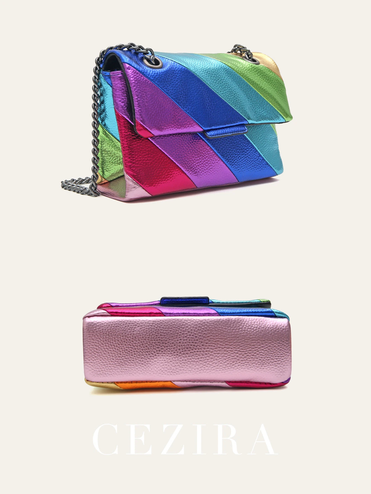 Women’s Metallic Rainbow Color Stripe Crossbody Bag | Fashion Vegan PU Leather Small Square Bag | Trendy Magnet Flap Cover Handbag with Metal Chain | Versatile Daily Shoulder Bag (Model CRP-2405042) Luxegan