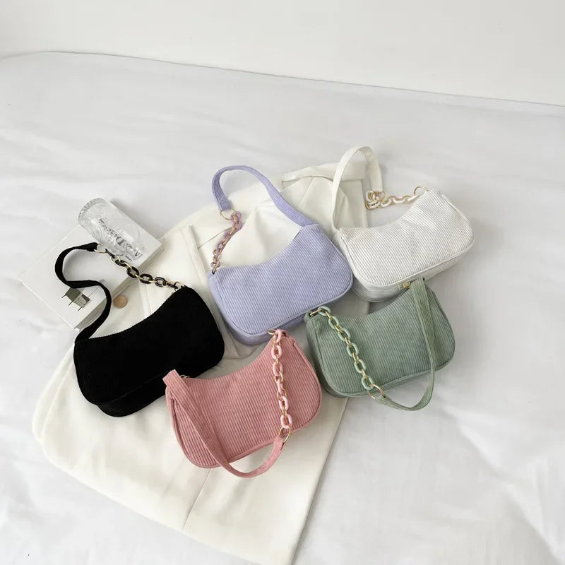 Korean Fashion Vintage Corduroy Underarm Bag | Women's Summer Soft Zipper Shoulder Small Bag | Casual Clutch Handbag Luxegan