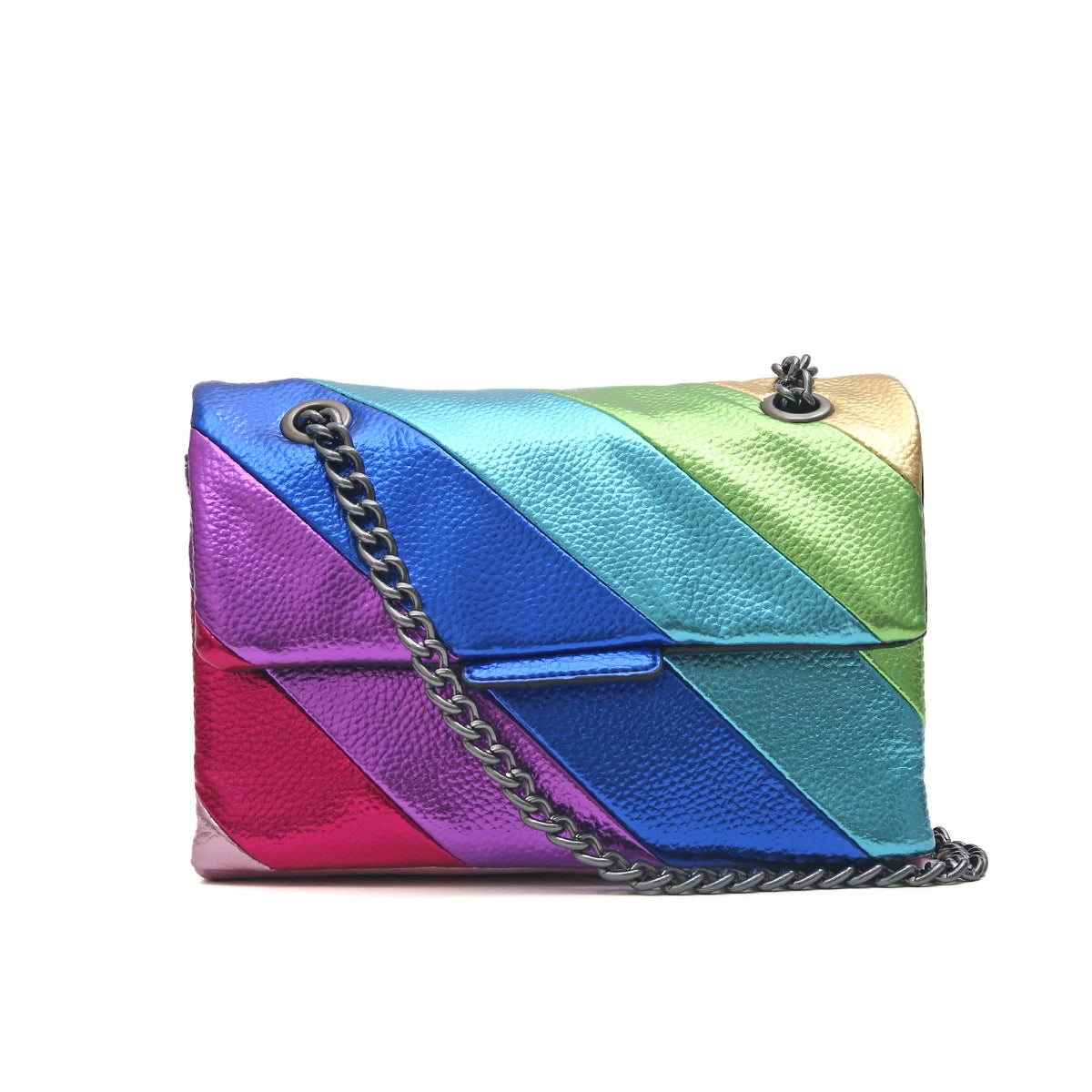 Women’s Metallic Rainbow Color Stripe Crossbody Bag | Fashion Vegan PU Leather Small Square Bag | Trendy Magnet Flap Cover Handbag with Metal Chain | Versatile Daily Shoulder Bag (Model CRP-2405042) Luxegan