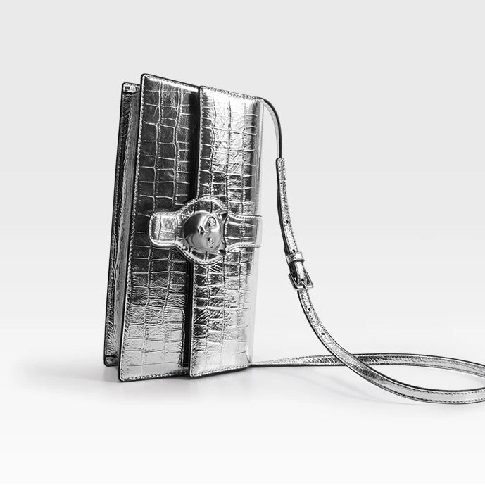 New Luxury Women's Silver Leather Clutch | High-Quality "Cat Brand" Fashion Handbag | Stylish Hard Satchel Evening Purse with Lock Decoration Luxegan