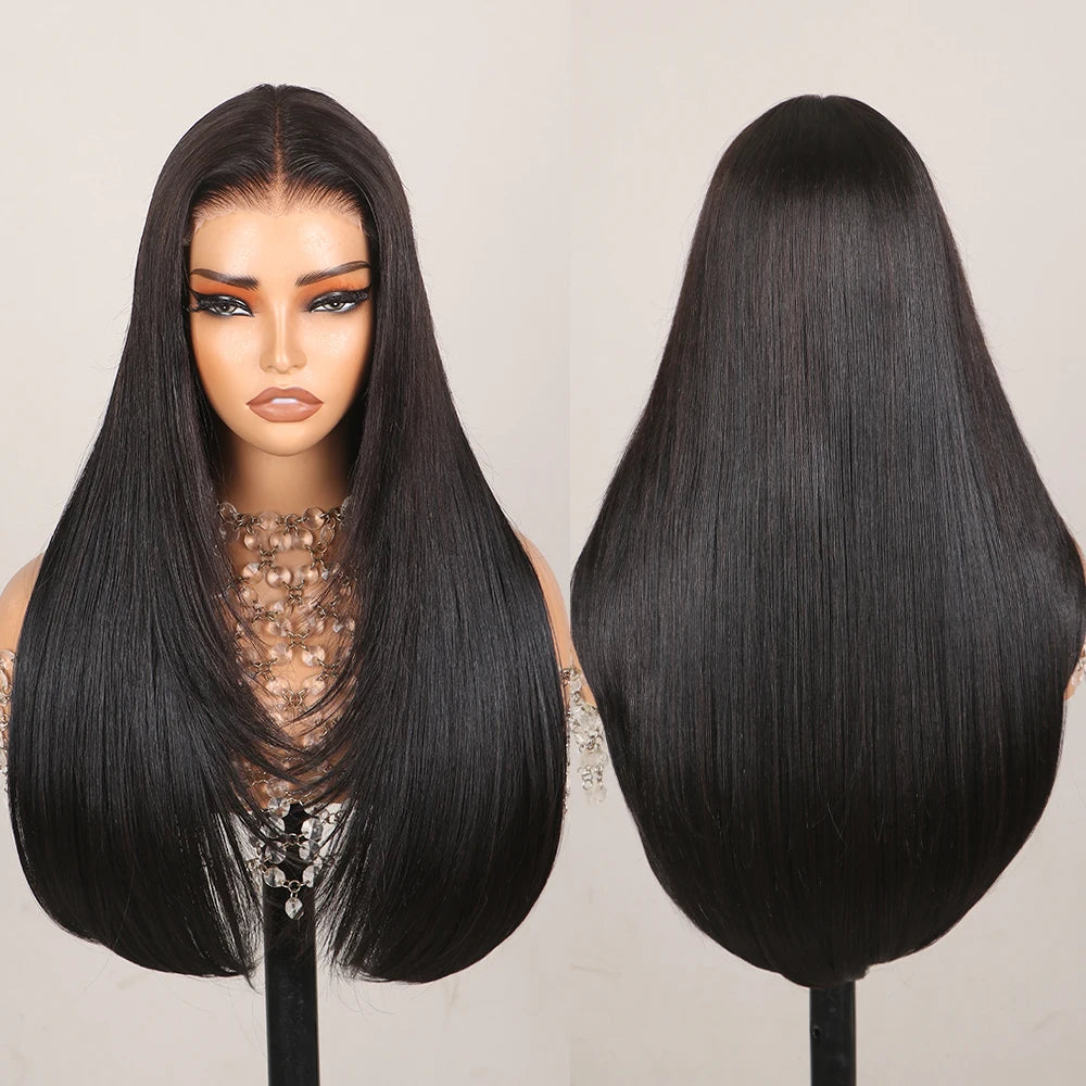 30-Inch Highlight Layered Glueless 6x6x1 Lace Closure Wig - Pre-Cut Lace & Pre-Plucked Hairline Wear-and-Go Mixed Hair Wig - 50% Human Hair / 50% Synthetic Hair Honey Highlight Straight Wig for Women Luxegan