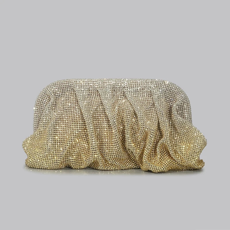 Shiny Ruched Rhinestone Evening Clutch | Designer Gradient Love Hearts Party Bag | Sparkling Diamond Encrusted Female Purse | Luxury Metallic Fashion Clutch for Weddings & Gala Events Luxegan