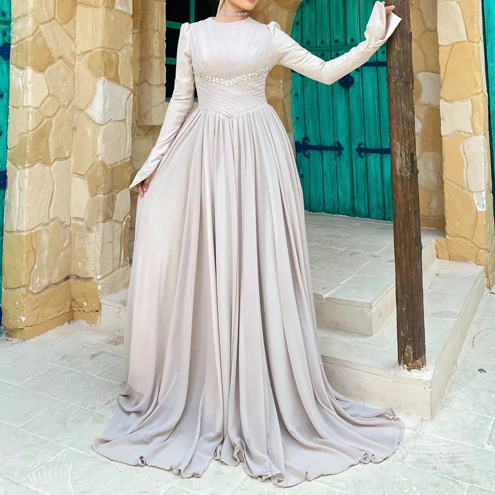 Crystal Draped A-Line Evening Gown | O-Neck Full Sleeve Floor-Length Prom Dress Luxegan