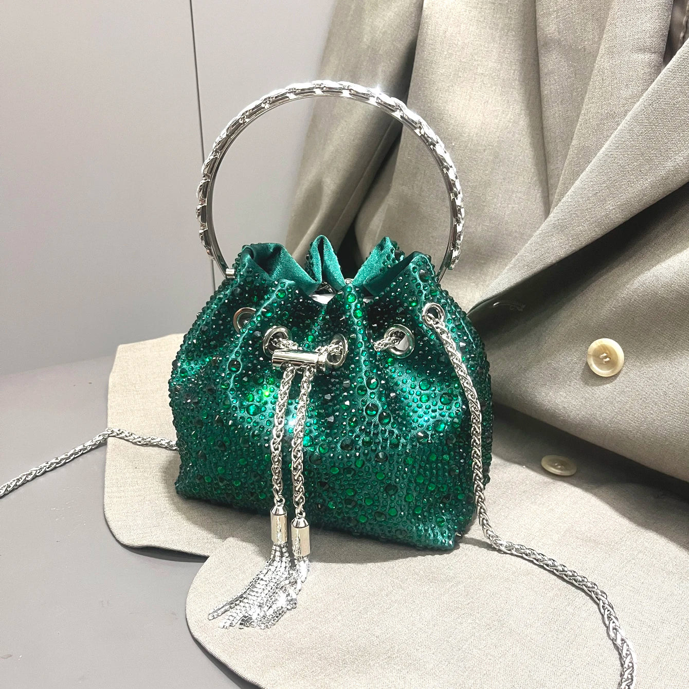 Luxury Designer Rhinestone Evening Clutch | Shiny Crystal Bucket Handbag & Fashion Shoulder Bag Luxegan