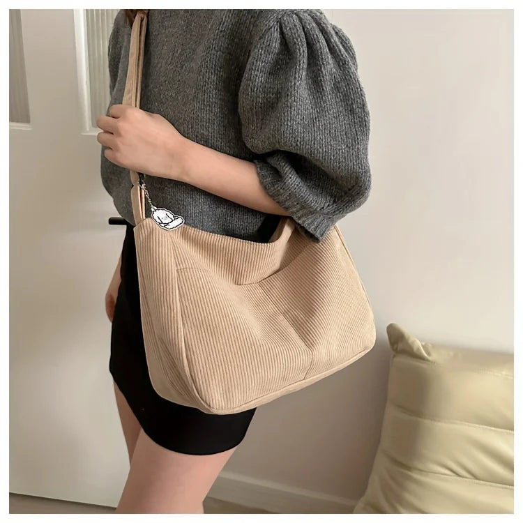 Women's Corduroy Shoulder Bag | Casual Striped Large Capacity Tote with Zipper (Cute Hat Patch, Everyday Use) Luxegan