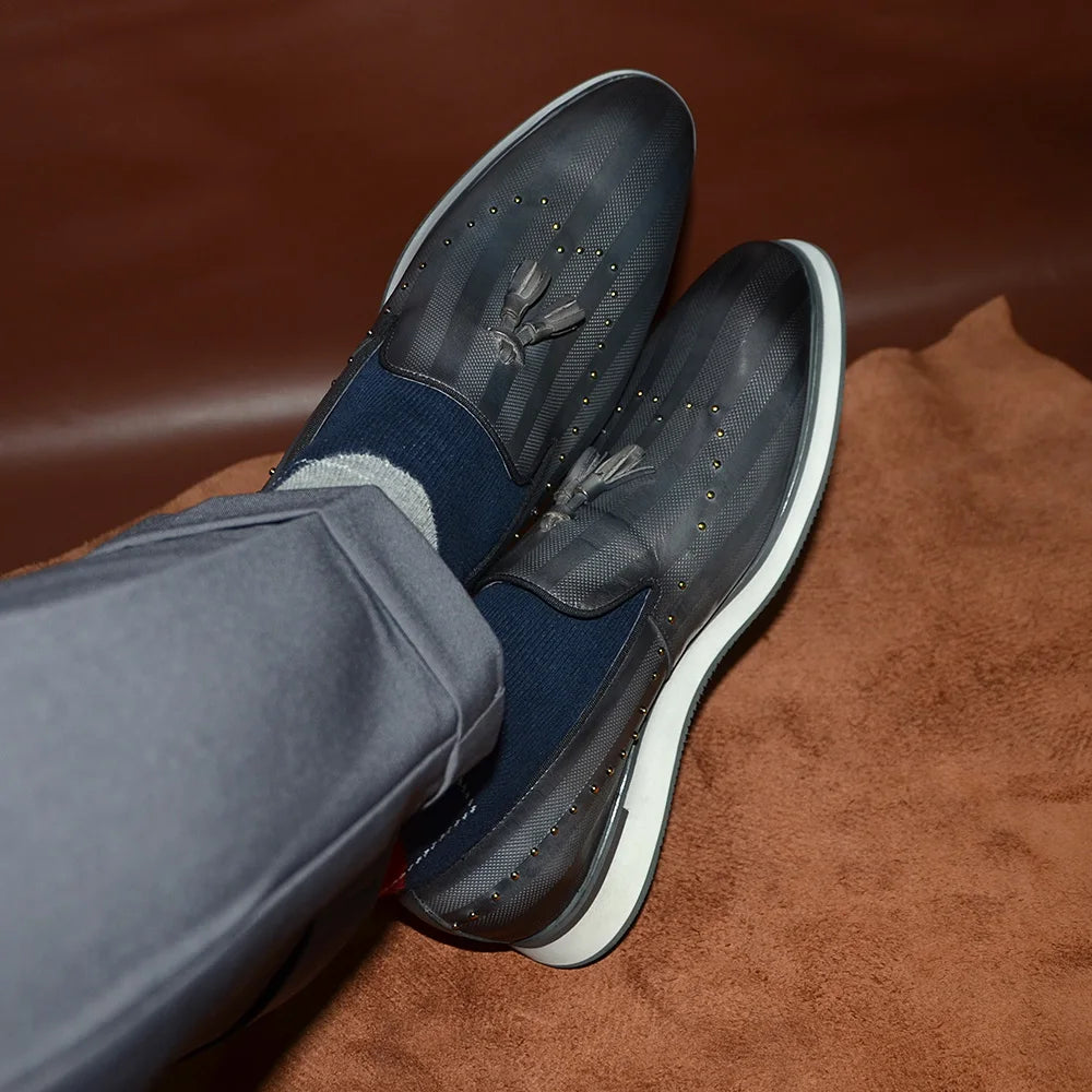Classic European Gray Genuine Leather Loafers | Sophisticated Rivet & Tassel Accents | Elegant "Genuine Cow Leather" Silhouette | "Dignified" Sheepskin Insole & Non-Slip Rubber for Radiant Versatile Styling Luxegan
