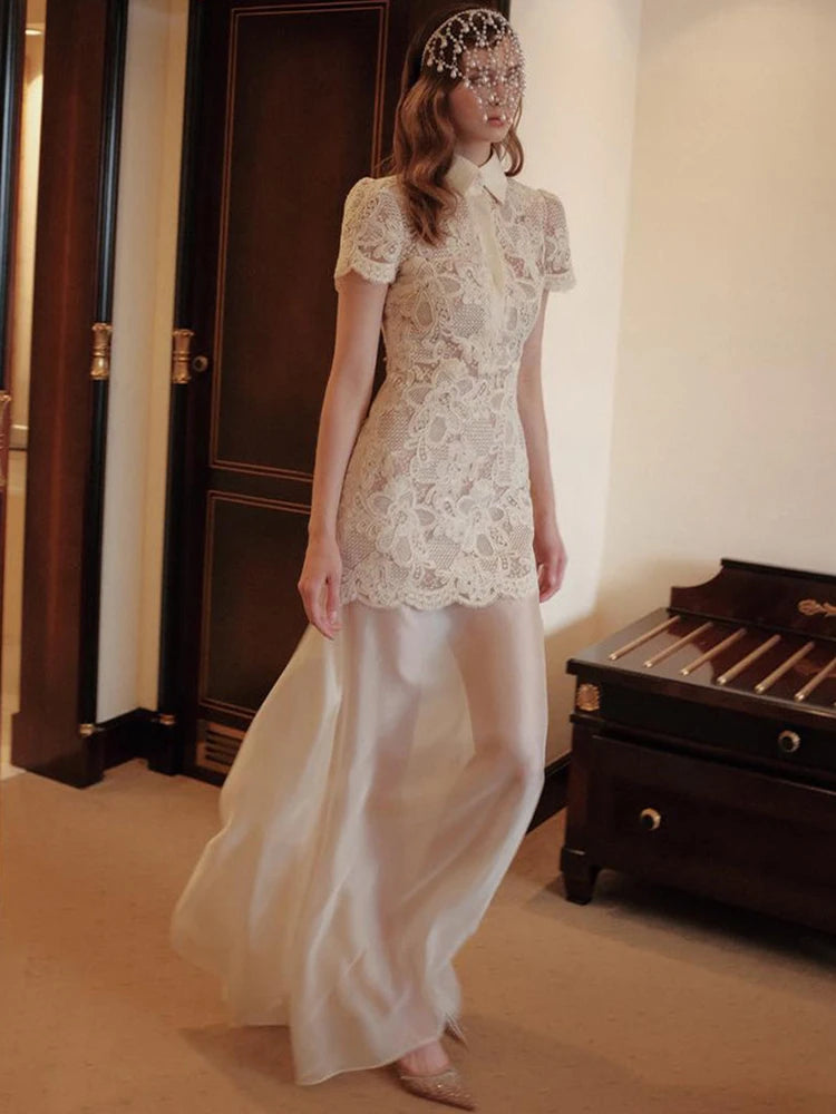 Lapel Lace Hollow Out Gauze Patchwork Short Sleeve Maxi Dress | Elegant A-Line Evening Party Dress Luxegan