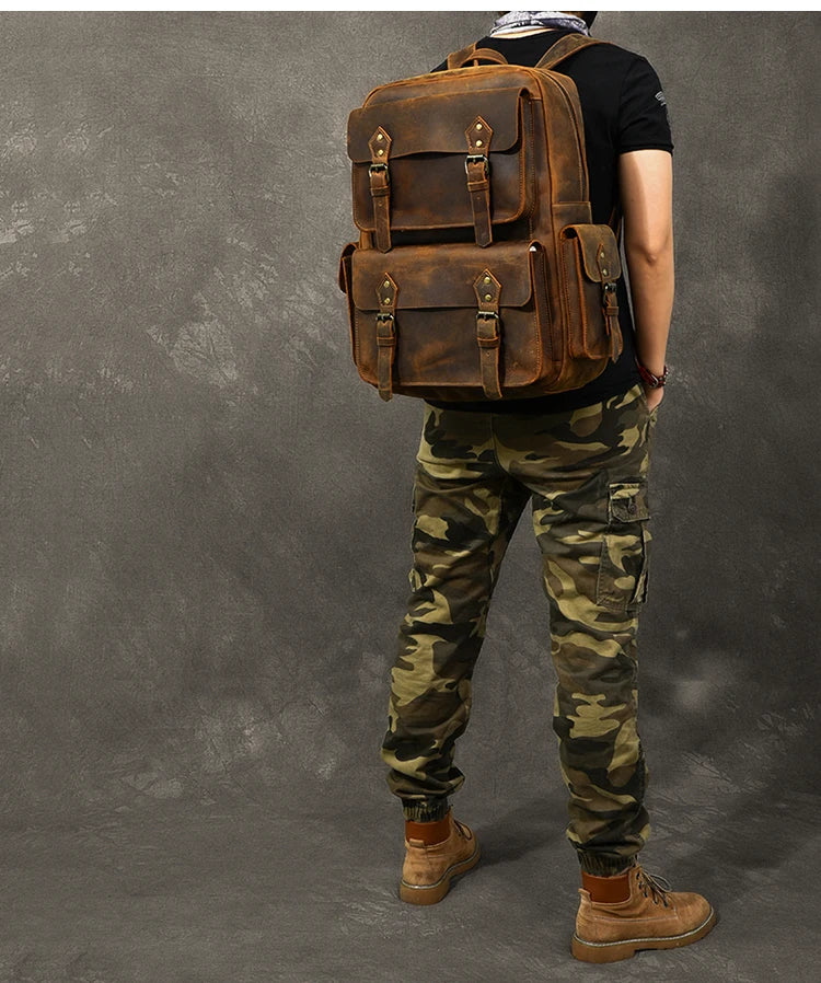 Vintage Crazy Horse Genuine Leather Backpack | Large Capacity Cowhide Travel Rucksack | 17-Inch Laptop Bag for Men &amp; Hiking Backpack (Model M-815) Luxegan