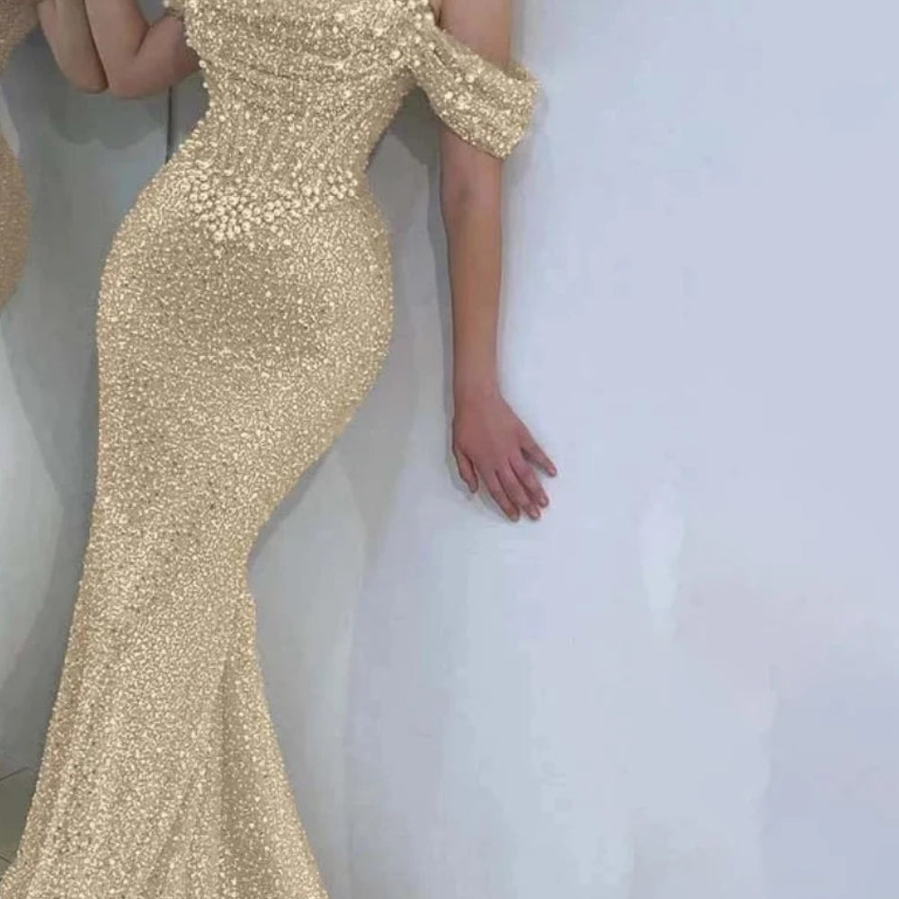 Gorgeous Pearl & Sequined Mermaid Prom Dress | Strapless Sweetheart Hollow Gown | Off-The-Shoulder Backless Floor-Length Formal Evening Gown Luxegan