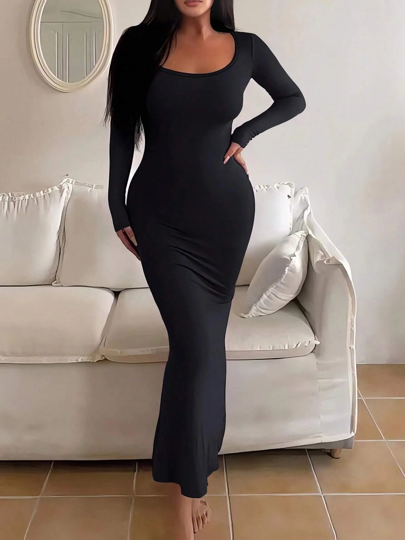 Plus Size Solid Square-Neck Evening Gown | Extra Lengthy Tight-Fitting Maxi Dress | Long-Sleeve Slim-Fit Knit Sexy & Club Dress Luxegan