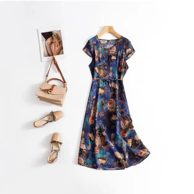 Print Round Neck Flare Sleeve Loose Straight Midi Dress – Mulberry Silk, Summer