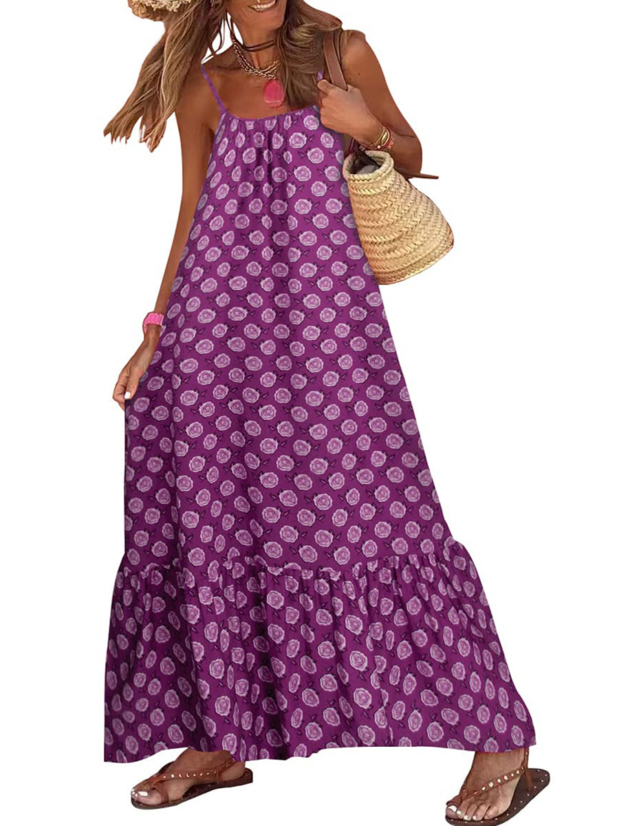 Print Slash Neck Spaghetti Strap Sleeveless Backless Loose Fit A-Line Floor-Length Dress – Slight Stretch Polyester, Empire Waist, Summer Luxegan