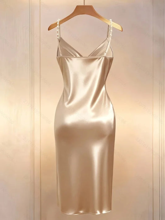 Beaded Spaghetti Strap Midi Dress – V-Neck, Slim Sheath, Natural Waist, Summer Luxegan