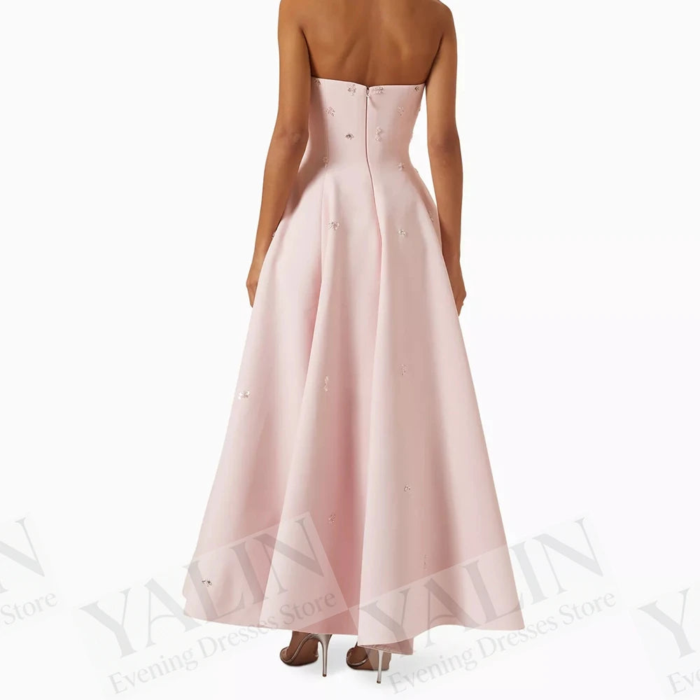 Sequined Draped A-Line Prom Dress | Strapless Sleeveless Ankle-Length Evening Gown Luxegan