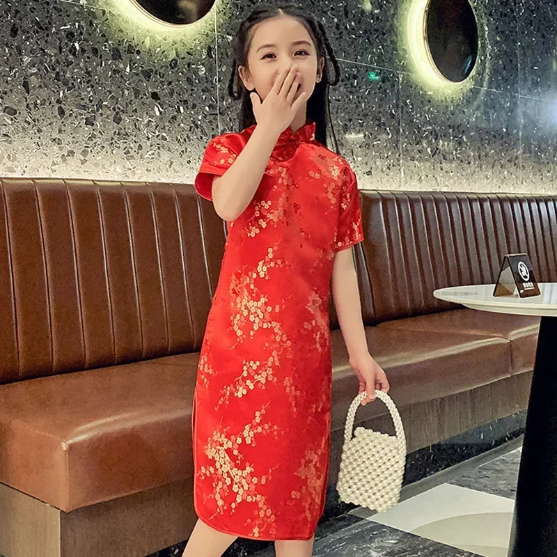 Girls' Modern Cheongsam Chinese Style Dress | Summer Kids Casual Flower Print Clothes | Short-Sleeve Turtleneck Knee-Length Straight Dress Luxegan