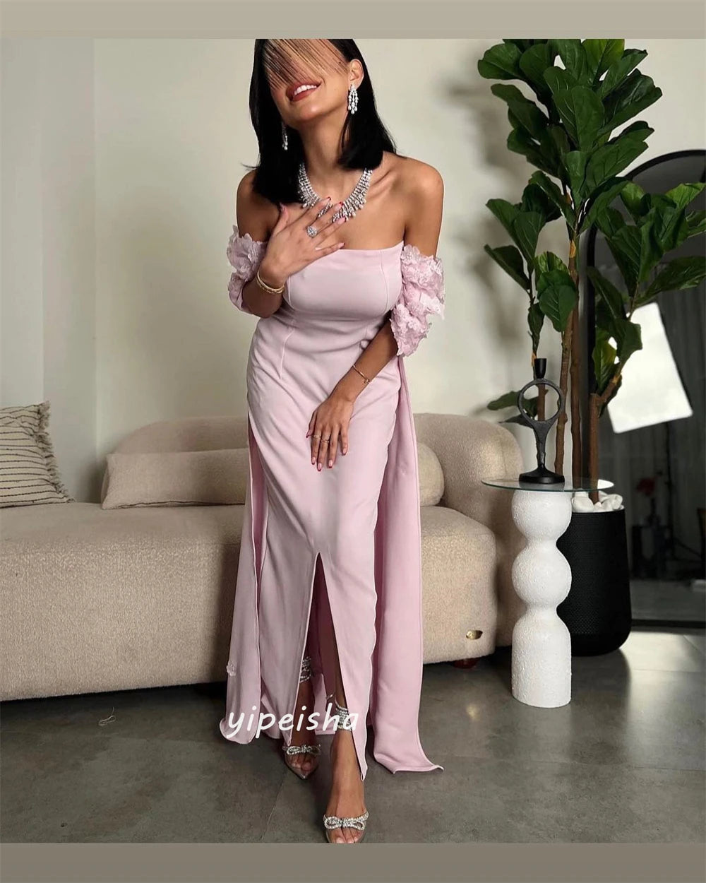 Appliqué Off-the-Shoulder Short Sleeve A-Line Floor-Length Formal Evening Dress – Polyester Satin, Built-In Bra, Natural Waist Luxegan