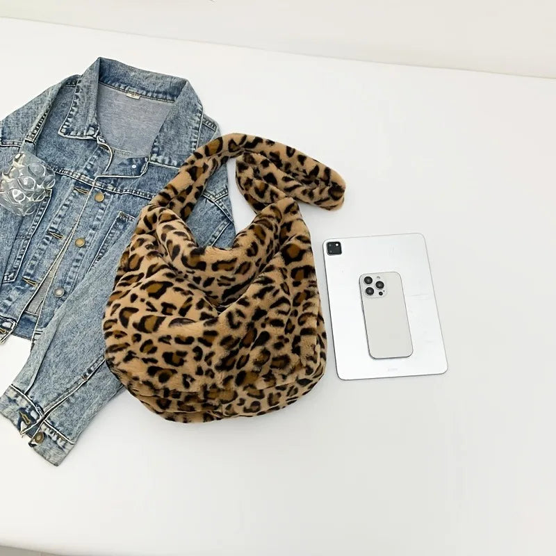Cute Japanese Plush Fur Commuter Shoulder Tote Bag | Large Capacity Leopard & Polka Dot Pattern Flannel Handbag for Women Luxegan
