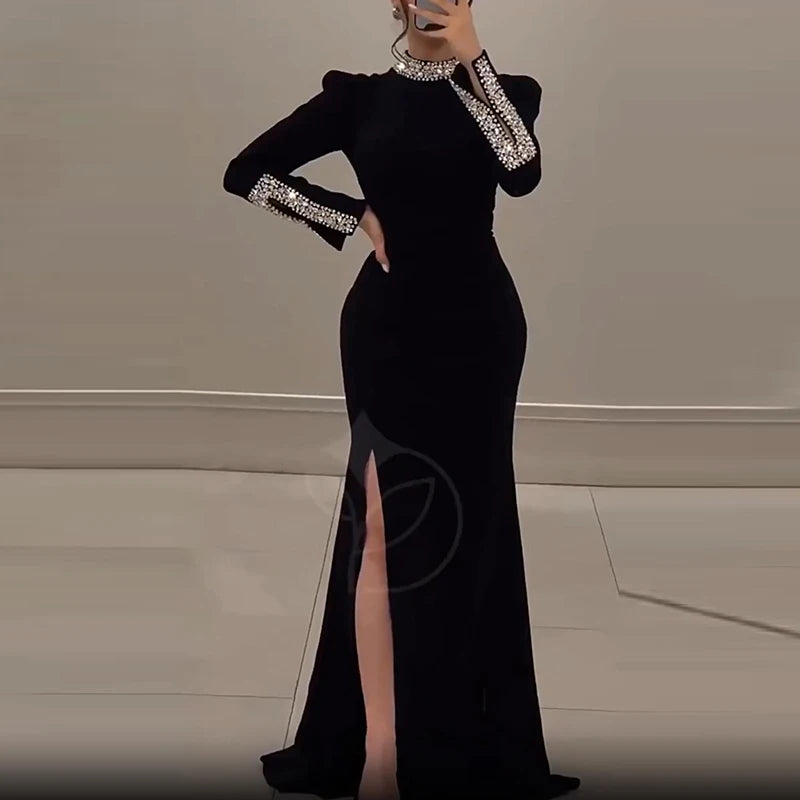 Elegant Solid High Slit Party Dress Temperament Long Sleeve Slim Evening Gala Dress Turtleneck Rhinestone Banquet Dress Women