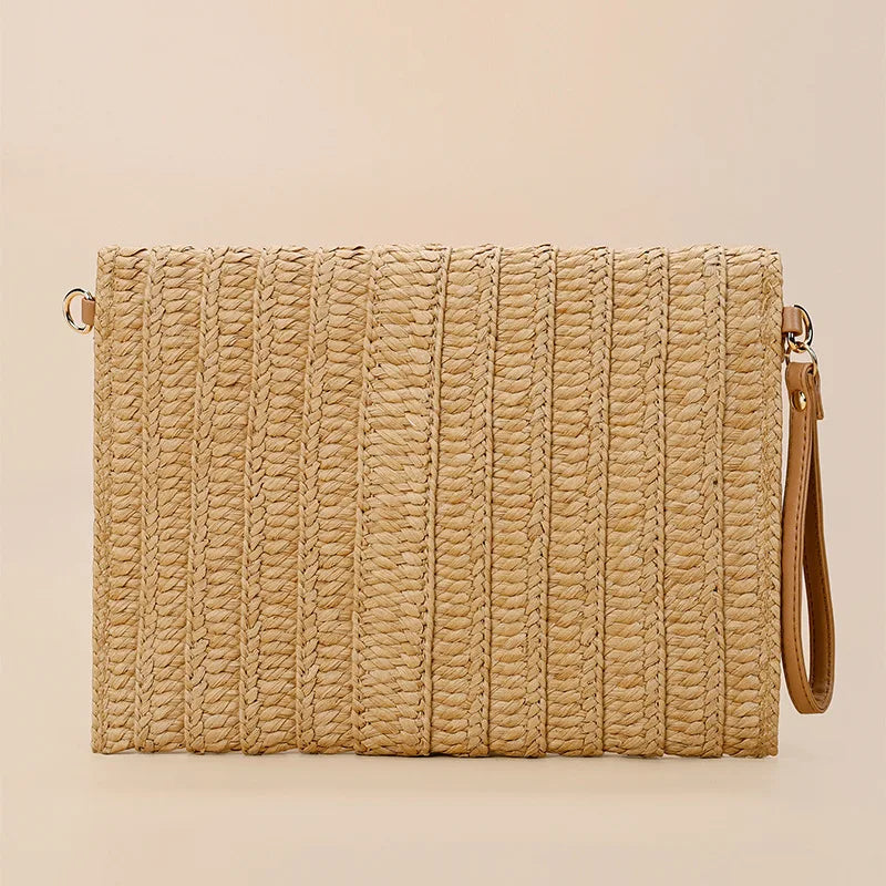 Bolsos de playa de verano para mujer Bolso bandolera de paja hecho a mano con sobre Bolso de hombro trenzado Bolso de mano de vacaciones tejido