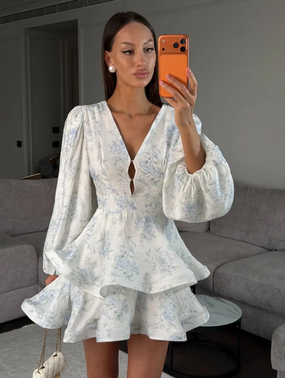 Sexy Floral Printed Mini Dress | Chic Deep V-Neck Full Sleeve Evening Gown | Fashionable Waist-Cinched Pleated Button-Front Dress | Premium Tatting Slim Fit A-Line Daily Outfits Luxegan