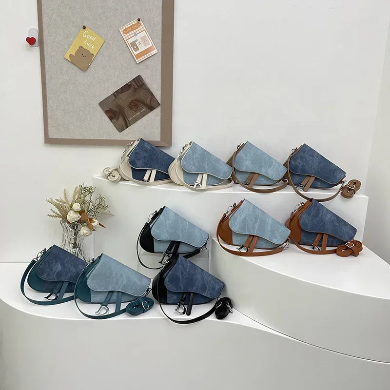 Denim-Look Contrast Saddle Bag | Fashionable Box Messenger Purse Luxegan