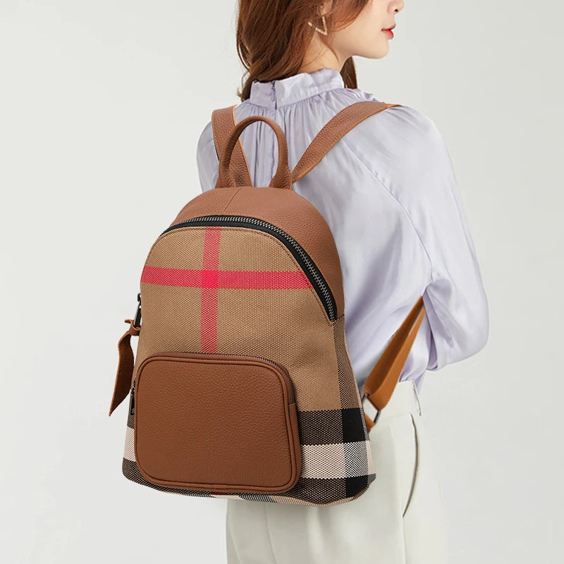 Canvas Preppy Style Backpack for Women | Trendy Plaid Designer Bag | High-End Cowhide & Canvas Fashionable Rucksack (Model Q1511) Luxegan