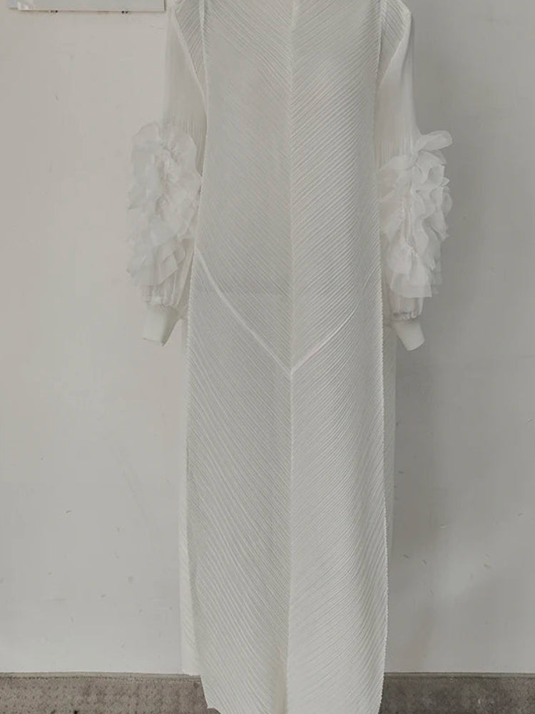 Pleated Lettuce Hem Maxi Dress | Turtleneck Full Sleeve Loose A-Line Casual Dress Luxegan