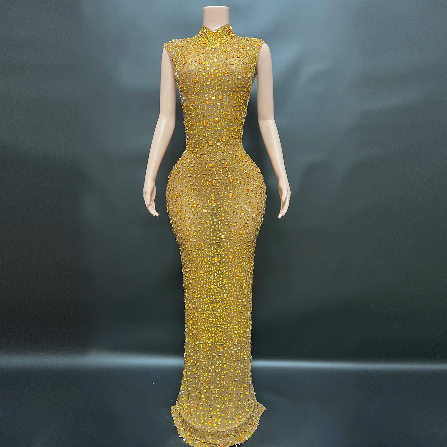 Luxurious Rhinestone Celebration Party Dress | Sparkling Couture Baby Shower Gown | One-Shoulder Turtleneck Medium-Stretch Sheath Dress Luxegan
