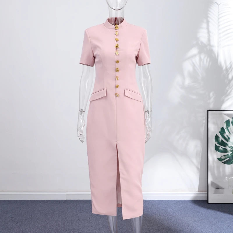 Elegant Solid Buttons Long Dress Women Waist Cinched Shoulder Pads High Collar Slit Dresses 2026 Spring Summer Lady Party Robes