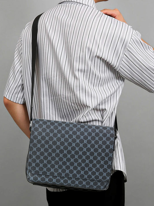 Simple Casual Flap Crossbody Bag for Men | Sophisticated Business Work Commuter Shoulder Bag | Lightweight Large Capacity Satchel | Modern Geometric Pattern PU Leather Tote Bag Luxegan