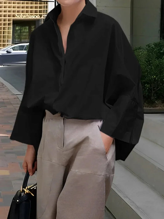 Spring Autumn Fashion Solid Color Blouse | Sophisticated Turn-Down Collar Loose Fit Silhouette | Elegant "Full Sleeve" Buttoned Shirt | "Dignified" Tat-Woven Blended Fabric for Radiant Versatile Styling Luxegan