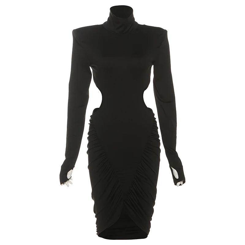Sisterlinda Ruched Elegant Dress Women Autumn Turtleneck Full Sleeve Hollow Waistless Backless Street Sexy Fashion Mini Bodycon