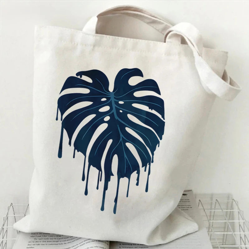 Monstera Plant Print Canvas Shopping Bag | Unisex Casual Large Capacity Shoulder Bag | Eco-friendly Reusable Grocery Shopper Tote