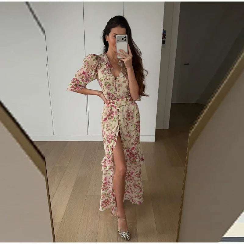 Flutter Sleeves Slim Long Dress Women Casual Pleated Deep V-neck Floral Print High Waist Dresses 2026 Lady Summer Holiday Wear