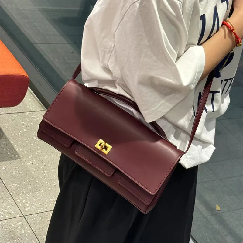 Genuine Leather Solid Satchel | Soft Black Lock Design Shoulder Crossbody Bag Luxegan