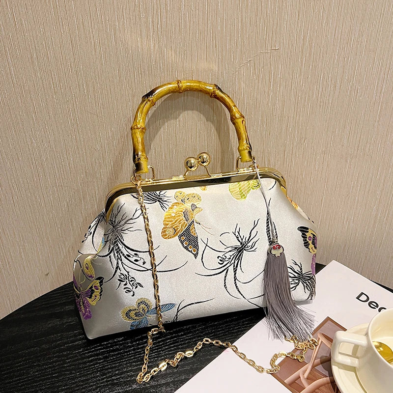 Luxury Embroidery Vintage Evening Bag | Wedding Style Floral Handbag with Tassel Design | National Fashion Shoulder & Crossbody Bag with Bamboo Fiber Lining Luxegan