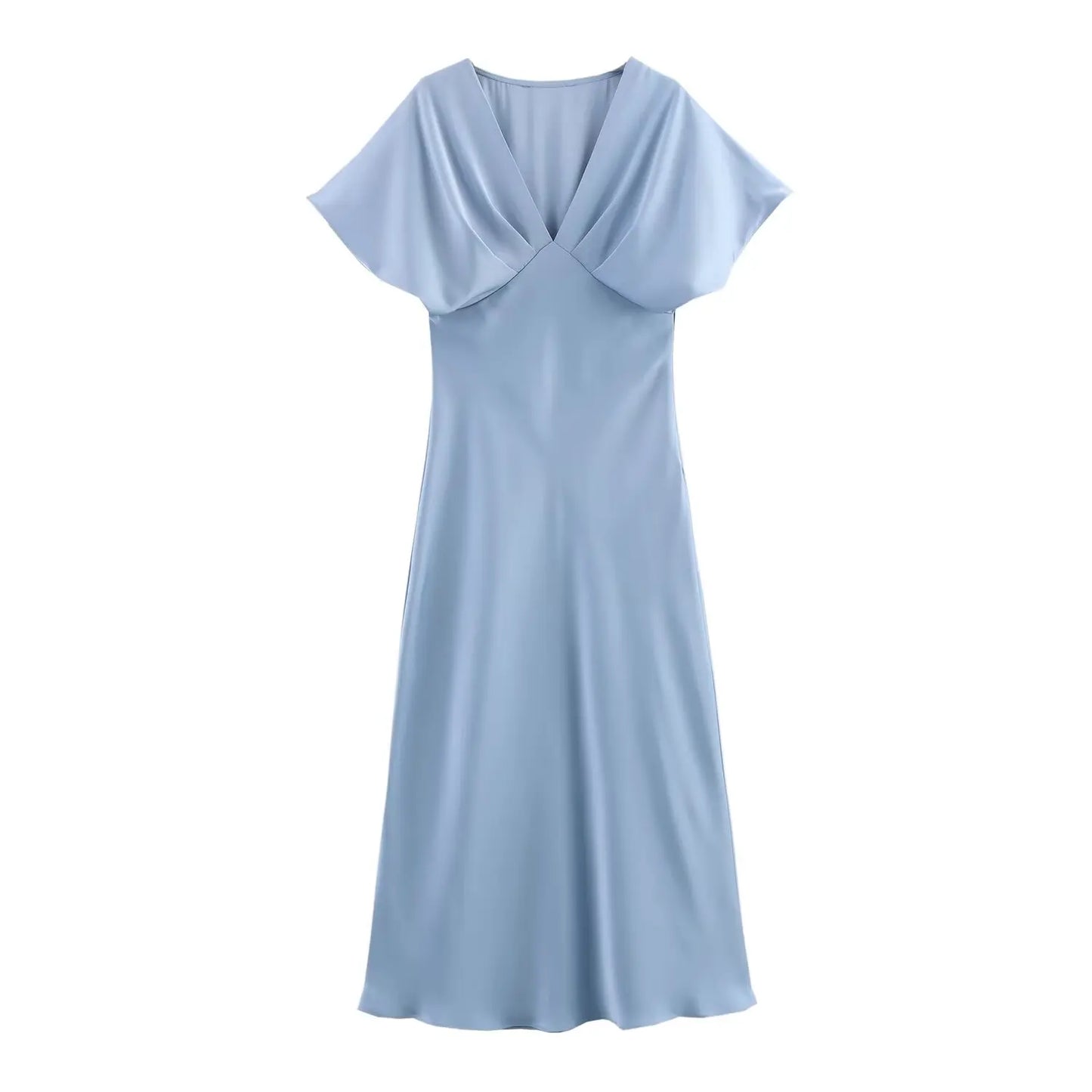 Women's Elegant Solid Satin Midi Dress | Sexy V-Neck Short Sleeve Evening Gown | New Fashion Summer Lady Holiday Party Dress | Premium Slim Fit Straight Vestido Model NZA23148 Luxegan