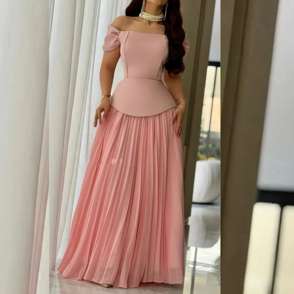 Pleated O-Neck Off-the-Shoulder Short Sleeve A-Line Floor-Length Occasion Dress – Polyester Jersey, Built-In Bra, Natural Waist Luxegan
