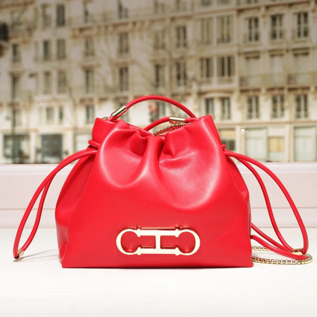 Fashionable Letter Drawstring Bucket Bag | Light Luxury Shoulder Bag for Commuting & Leisure | Soft PU Leather True Texture Bucket Purse (Model 240371) Luxegan