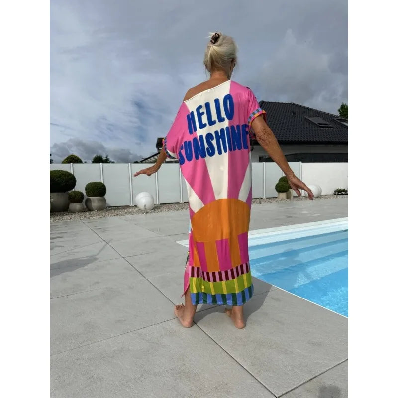 Women's European and American Vacation Long Dress | Elegant Temperament V-Neck Short-Sleeve Midi Purse | Casual Side-Split Printed A-Line Dress | Premium All-Season Pullover Model YMF6624 Luxegan