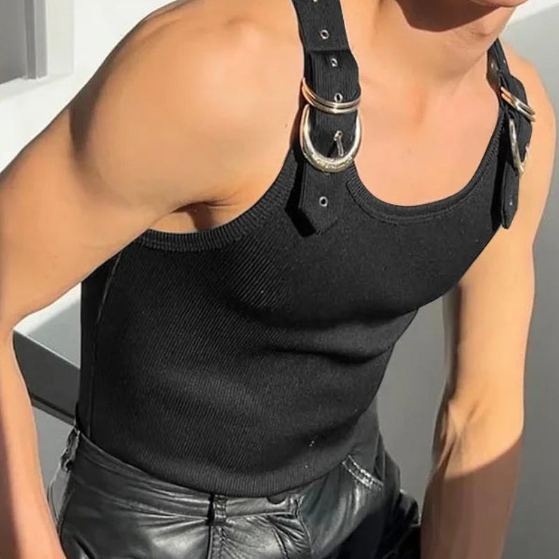 Fashion New Men's Deconstruction Mesh Vest | Sophisticated "City Walk" Metal Buckle Silhouette | Elegant Solid Comfortable Tank Top | "Dignified" High-Performance Summer Top for Radiant Versatile Styling Luxegan