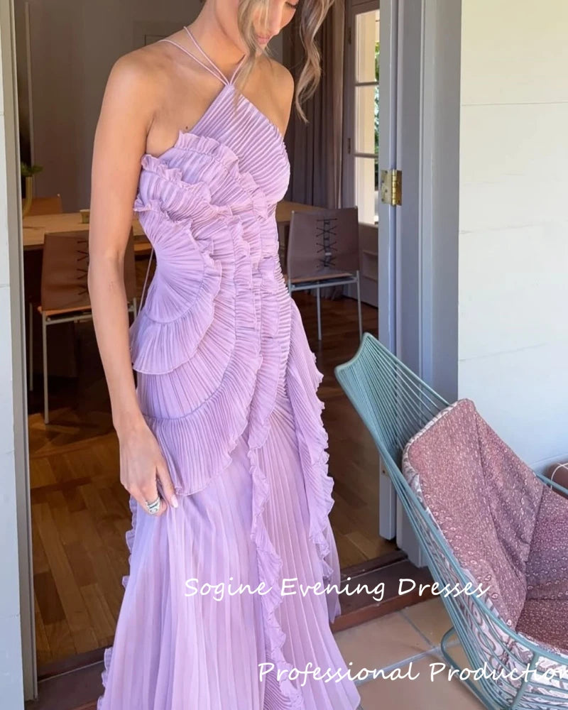 Halter Chiffon Cocktail Party Dress | Pleated Ruffle Asymmetric Evening Dress Luxegan