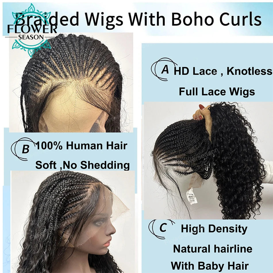 300% Density Human Hair Boho Box Braids Wig | Curly Ends | Full Lace | Baby Hair | Knotless Goddess Braids Luxegan