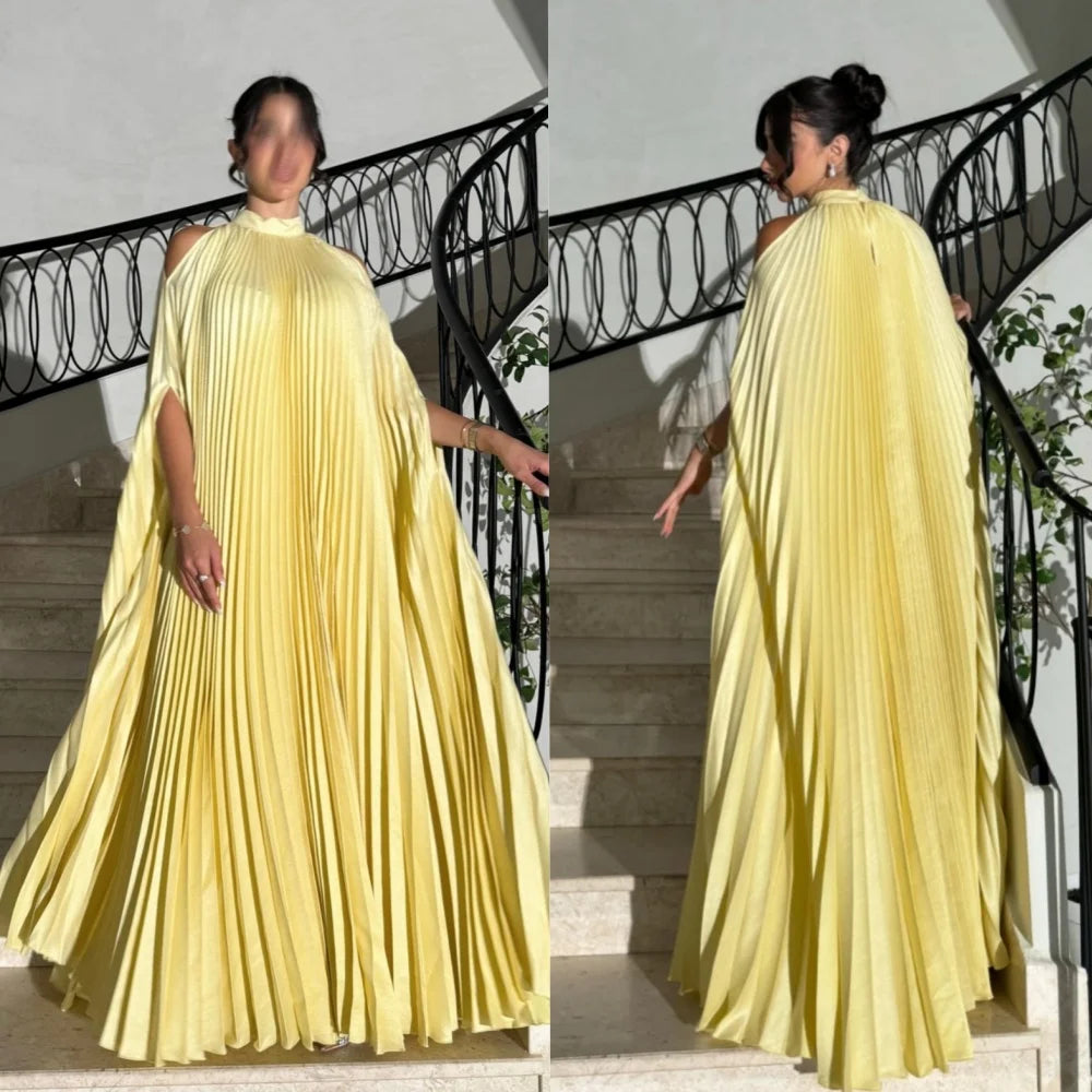 Pleated High Neck Off-the-Shoulder Half Sleeve A-Line Floor-Length Dress – Polyester Jersey, Natural Waist, Built-In Bra Luxegan