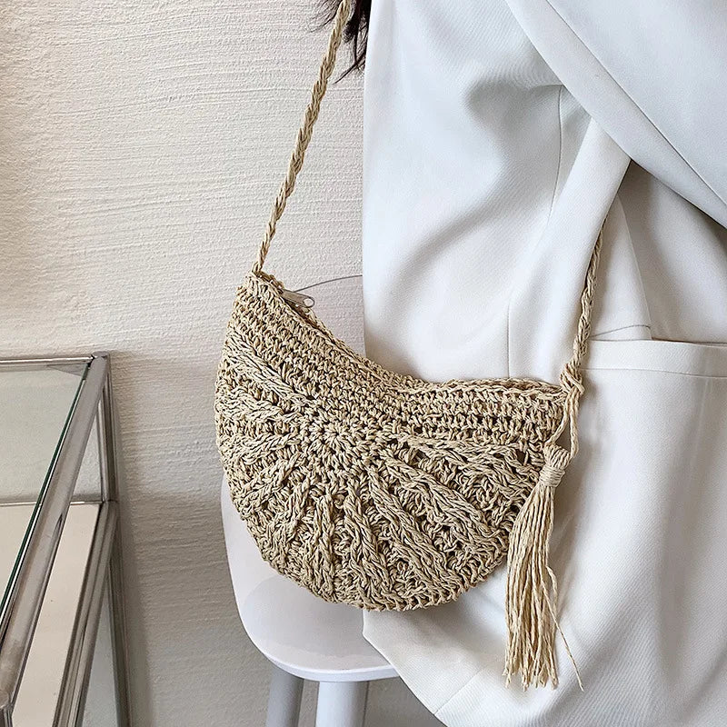 Fashion Semicircle Straw Woven Shoulder Bag | Sophisticated Handmade Rattan Crossbody | Elegant Ladies’ Summer Beach Handbag | Bohemian Saddle Bag with Tassel & Hollow-Out Design Luxegan