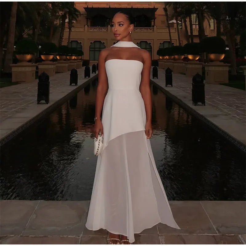 Elegant White Mesh Splicing Slim Women Strapless Dress Chic Scarf Neck Off Shoulder High Waist Long Dresses Lady Party Robes