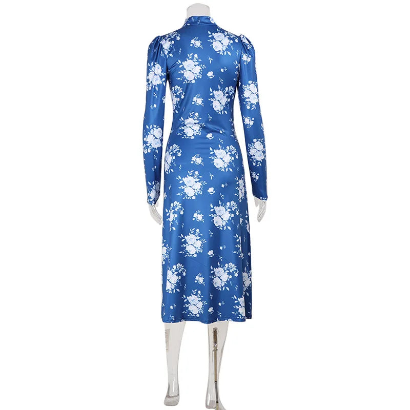Printed V-Neck Bodycon Dress – Full Sleeve, Slim Fit, Ankle-Length Luxegan