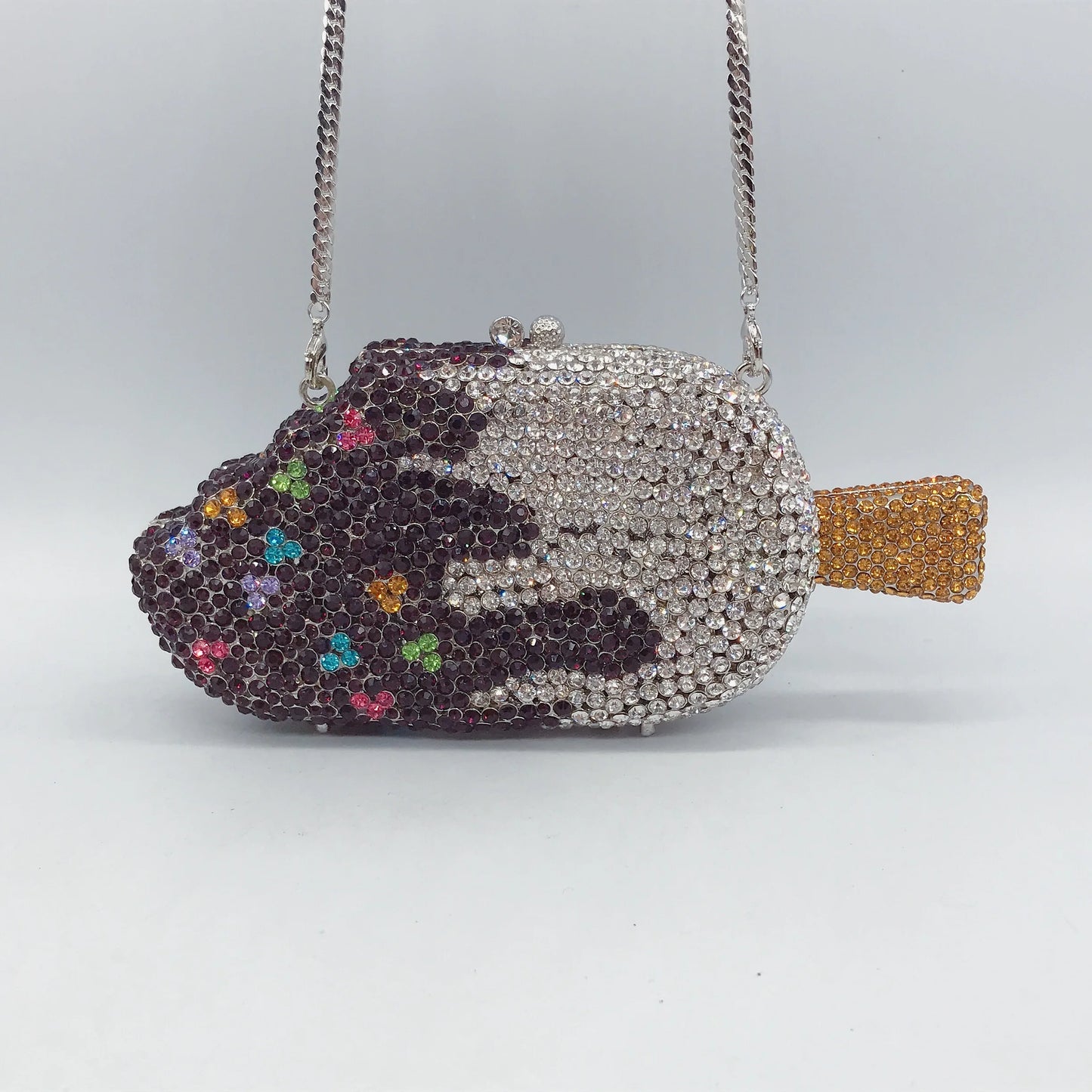 Food-Styling Metal Diamond Purse | Sophisticated Luxury Crystal Evening Bag | Elegant Rhinestone Gala Handbag | "Dignified" Hard-Shell Metallic Minaudière for High-Fashion Parties Luxegan